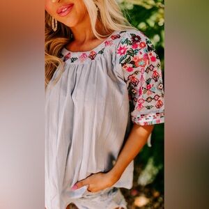 Impressions Embroidered Sleeve Tie Top